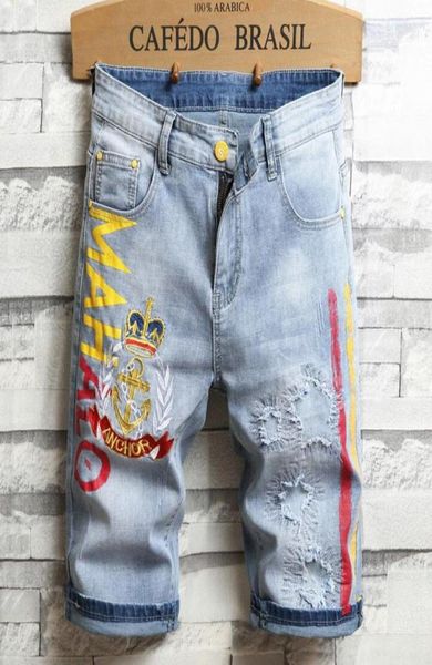 

men embroidery blue jeans denim shorts summer designer men039s badge patckwork bleached retro big size letters patches short pa7549739