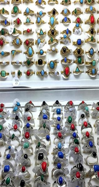 

whole 50pcs silver plated gold women turquoise stone rings ring lady girls ring jewelry size 16 17 18mm207t3773124