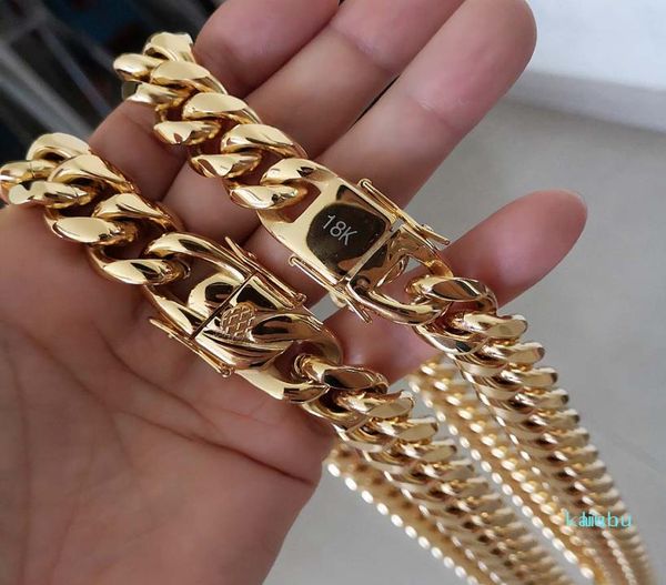

16mm 18mm men hip hop cuban link necklaces bracelets 316l stainless steel choker jewelry high polished casting chains double safet4248876, Silver