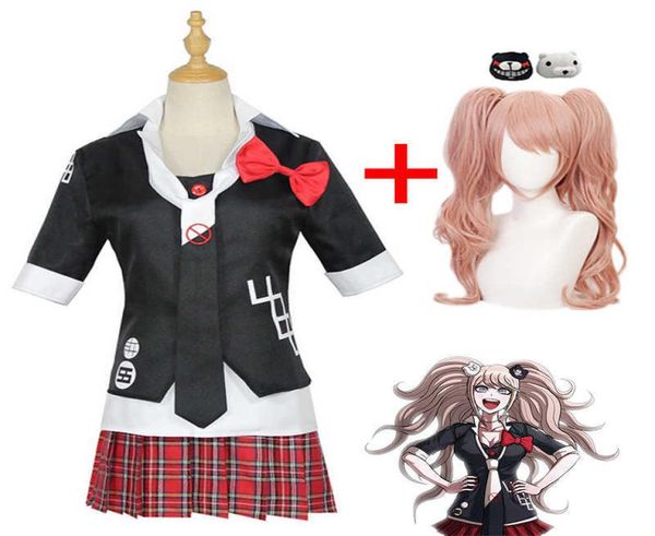 

anime danganronpa cosplay costume enoshima junko uniform cafe work clothes short skirt double tail braid wig q08218265112, Black;red