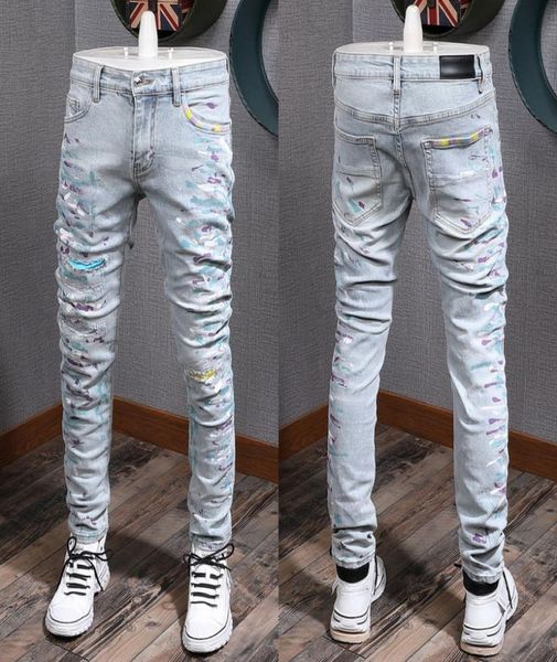 

destroyed biker jeans men039s fashion slim vintage biker jeans casual denim pants damage long moto trousers5180159, Blue