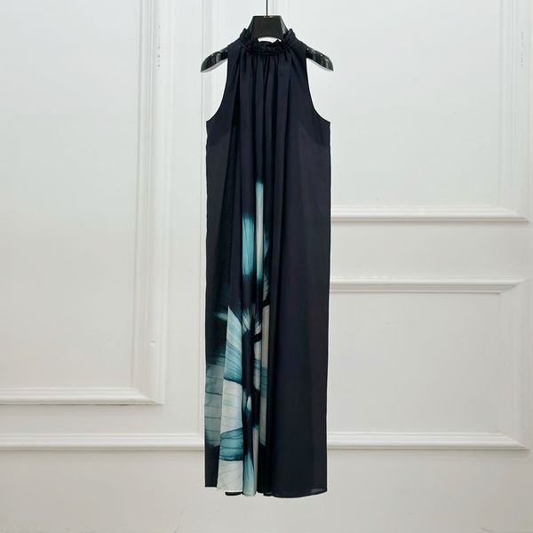 

european fashion brand black sleeveless foral printed long dress, Black;gray