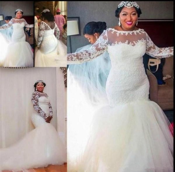 

elegant long sleeve mermaid wedding dress see through neck lace tulle bridal wedding gown vestido de noiva with long 7814702, White
