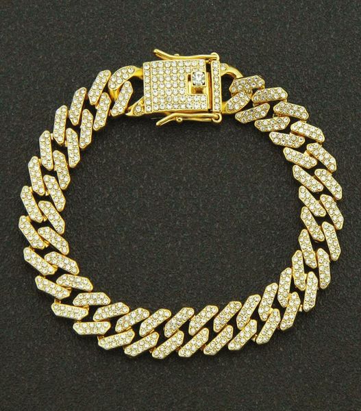 

12mm 789inch hip hop gold silver rosegold iced out miami cuban link chain bracelets2057265, Black
