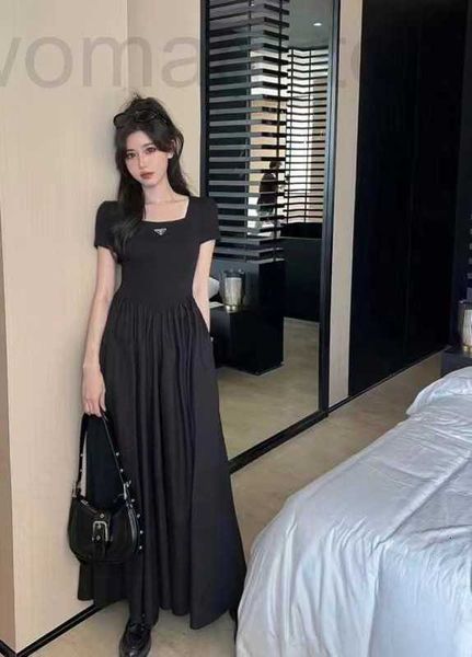 

basic & casual dresses designer 2023 summer new p home triangle collar reception waist pleated dress versatile french short sleeve square ne, Black;gray