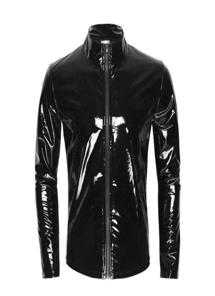 

mens glossy pvc leather shirt male shiny metallic patent jacket sexi erotic shaping sheath latex casual coat1115141, Black;brown