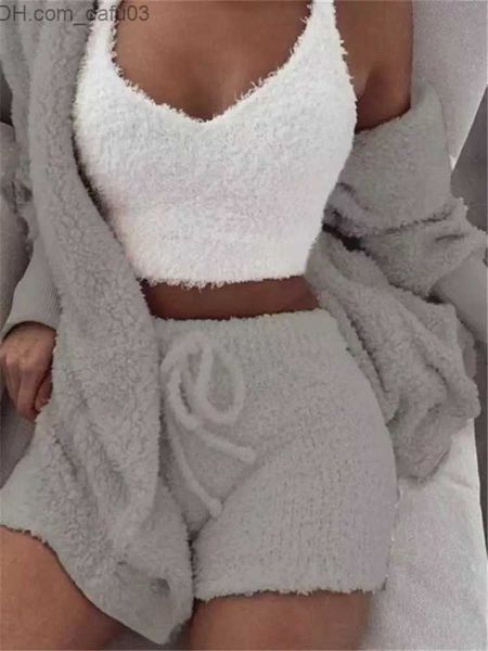 

women's two piece pants womens two piece pants autumn winter 3 piece fluffy outfits plush backless fleece pyjamas women casual z230810, White