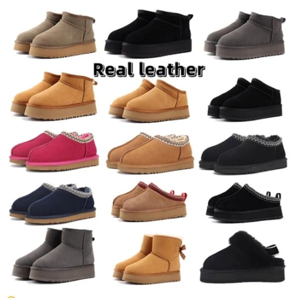 

slippers chestnut fur slides sheepskin shearling tazz mules women men ultra mini platform boot slip-on shoes suede upper comfort fall winter, Black