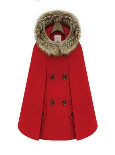 

woolen female elegant poncho and capes coat women hooded cape fur collar double breasted winter loose street short overcoat red 207164172, Black