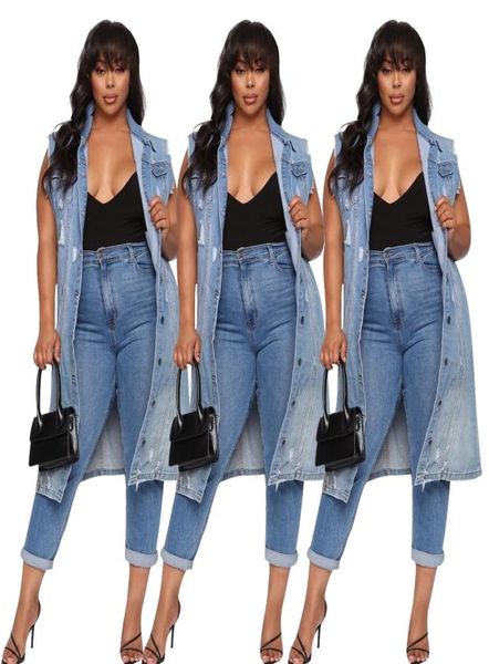 

women denim coats long trench coat vintage frayed waterwash jean sleeveless single breasted button pocket long casual clothes s2x7913421, Tan;black