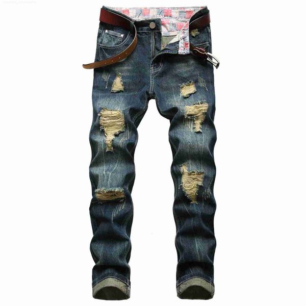 

mens dark blue pierced jeans autumn winter cotton men casual nostalgic denim pants