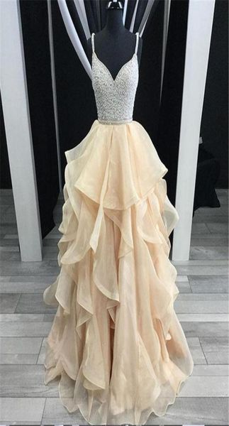 

glamorous a line spaghetti straps backless ruffled organza champagne tulle prom dress with beading cutout back evening gowns3538647, Black
