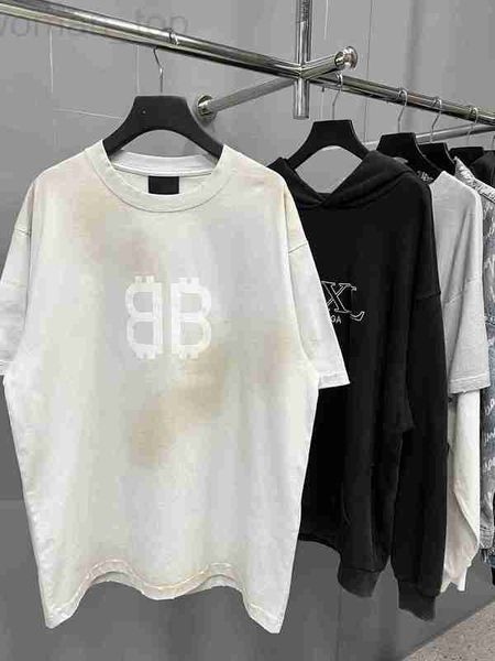 

women's t-shirt designer 2023 new high edition b home front and back double mud dyed letters washed old hole loose men's t-shirt s, White