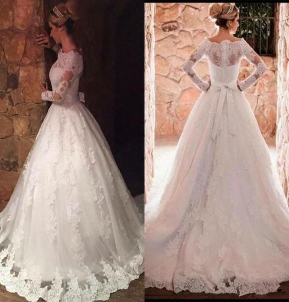 

2019 new lace ball gown wedding dresses elegant off shoulders appliqued long sleeves bridal gowns with bow sash vestidos de 4653076, White