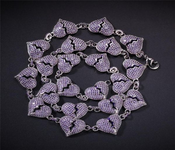 

white gold plated iced out purple cz hearts chain necklaces for mens women cool personality rapper jewelry6137609, Silver