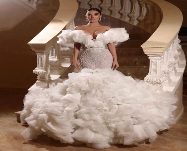 

off the shoulder wedding dresses multilayered ruffles bridal gown custom made tulles sweetheart sweep train appliques robes de mar3859772, White
