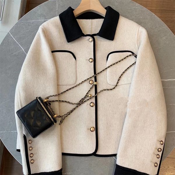 

women's wool & blends 100% double-sided wool winter windbreaker long large lapel overcoat business shorts, Black