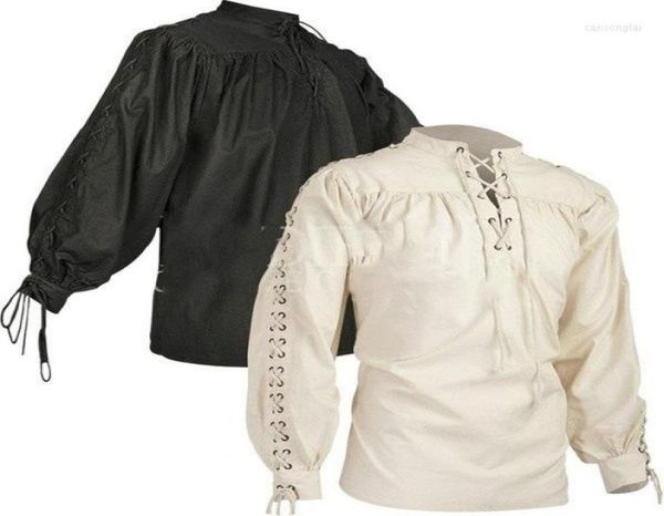 

men039s dress shirts mens full long sleeve strap khaki medieval renaissance pirate costume lace up steam shirt men size 5xl5938350, White;black
