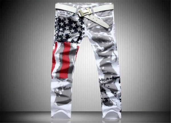 

2017 new arrival men casual american usa flag printed jeans pants mens graffiti print white hiphop fashion jeans1047773, Blue
