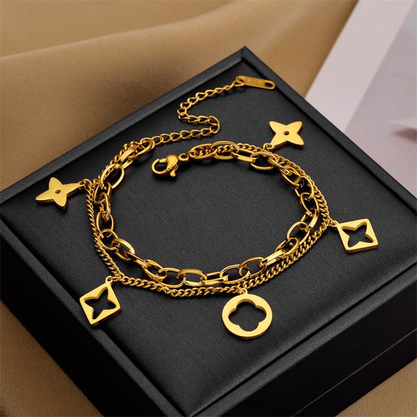 

luxury women style double layered clover charm bracelet jewelry for gift, Golden;silver