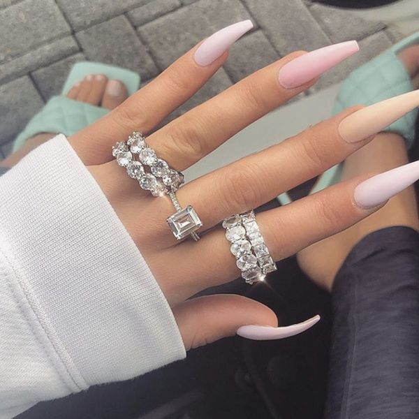 

three styles 925 sterling silver engagement wedding rings sets for women emerald cut 4ct simulated diamond ring platinum jewelry, Slivery;golden