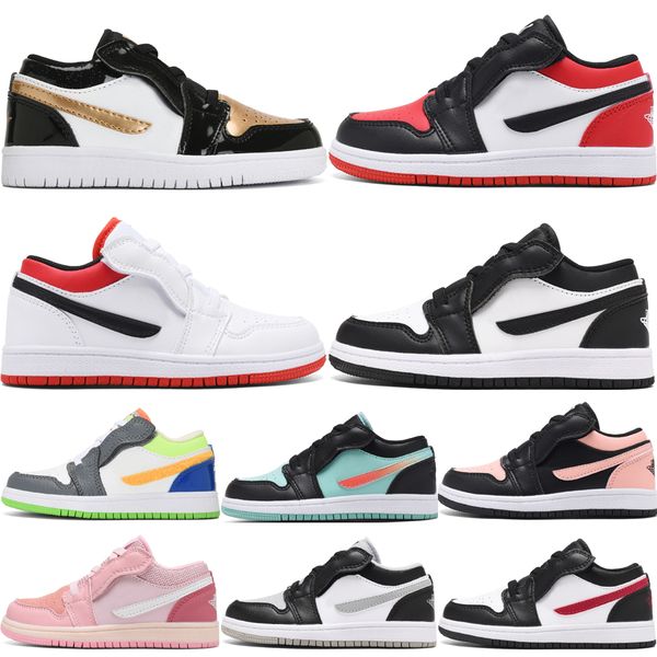 

jumpmans 1s low kids basketball shoes designer leather hoops gold toe tropical twist crimson tint panda siren red boys girls outdoor sneaker, Black
