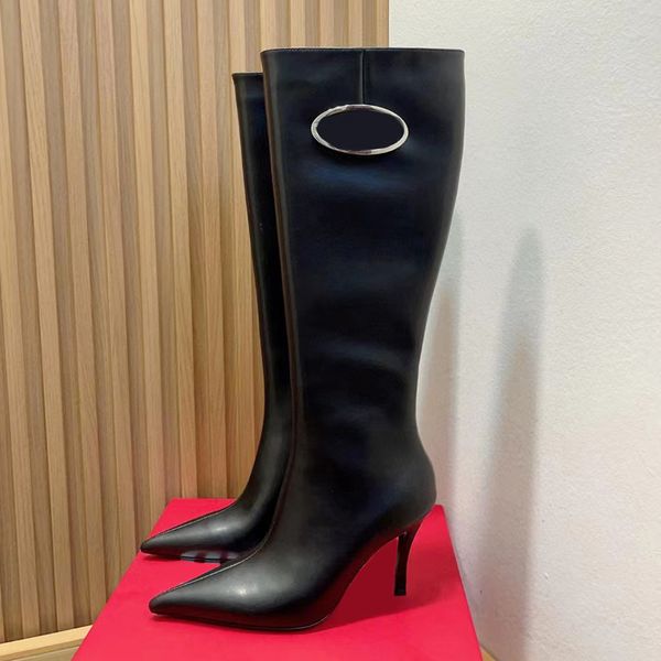 

knee boots women's pointed stiletto heel oval metal buckle decorative side zipper high heel fashion boots luxury designer genuine leath, Black