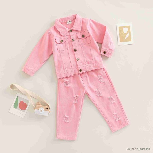 

jackets kid infant baby girls pants suit long sleeve lapel coat denim loose jacket long ripped trousers set 2-7t r230805, Blue;gray