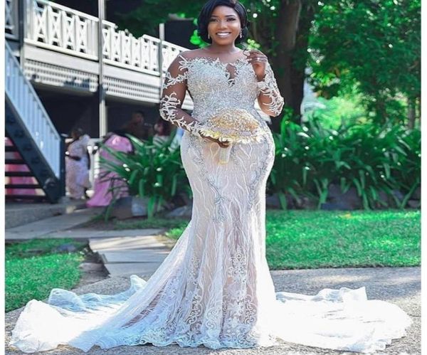 

african plus size wedding dresses mermaid lace sheer neckliine back bridal dress gowns beads long sleeves arabic vestido de n2932057, White