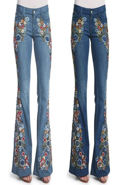 

women mom flare jeans vintage embroidery floral print button waist bell bottom denim pants women casual boyfriend jeans 2010124821426, Blue