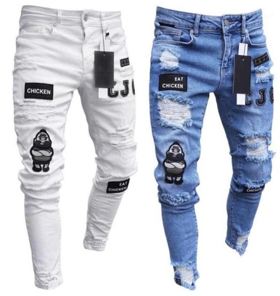 

men039s jeans blue white mens cool designer male skinny ripped destroyed stretch slim fit hop pants with holes fashion men 12626527