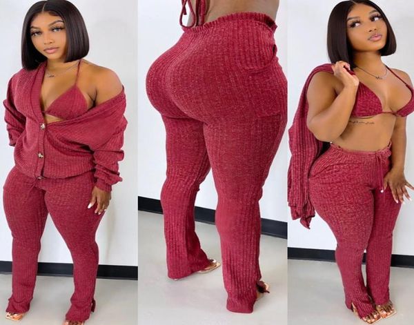 

women 3 piece set knitted cardigans bra pants set sweater outwear coat matching set autumn winter knitted clubwear street55609784032, Gray