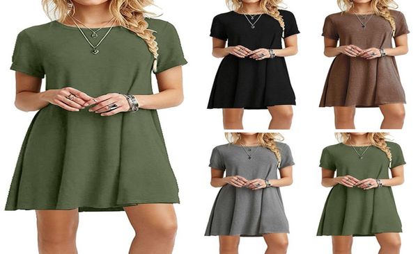 

new dress fashion women summer dress solid color short sleeve round neck sundress asian size9502913, Black;gray