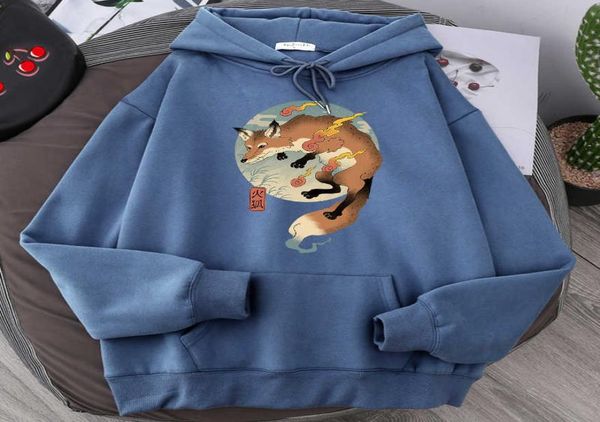 

cartoon fire fox japanese printing hoodie sweatshirt loose harajuku hoodies men warm pullovers men autumn hip hop streetwear y08031644206, Black