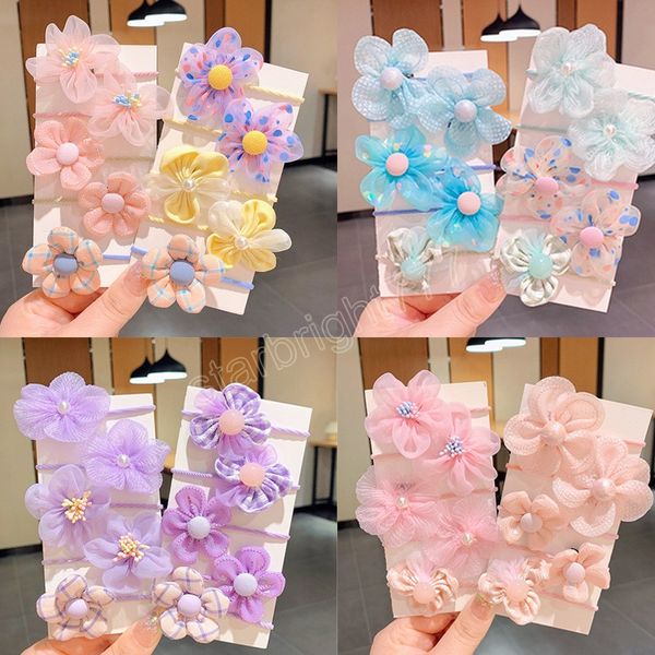 

10pcs girl flower hair rope elastic hairband children rubber band hair ring cute kid ponytail holder headwear hair accessories, Slivery;white