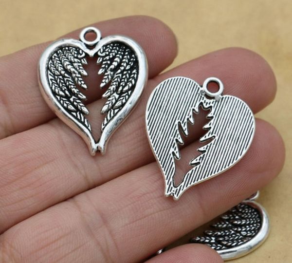 

100pcslot ancient silver plated angel wings heart alloy charms pendants for jewelry accessories making findings 22x16mm6258591, Bronze;silver