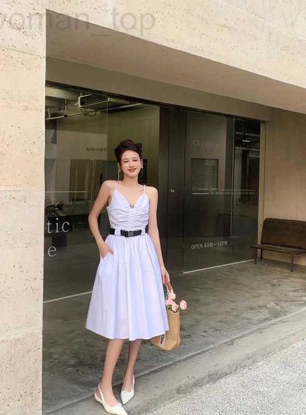 

basic & casual dresses designer p family 23 summer new fashion metal belt waist style pleated strap dress n5t8, Black;gray