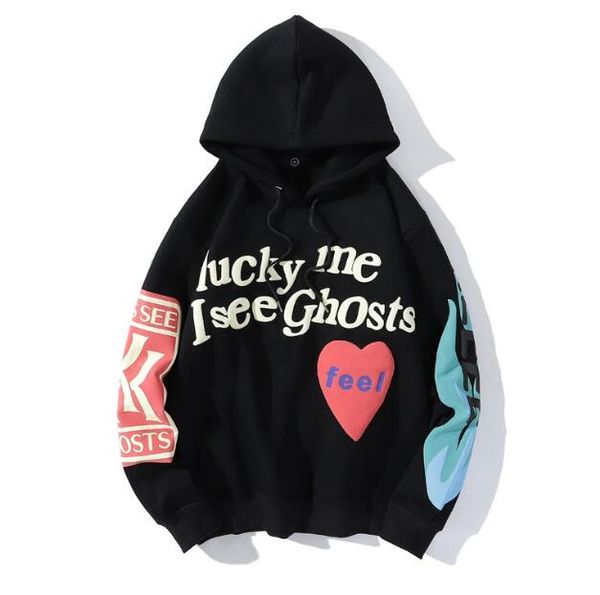 

harajuku weirdo graffiti letter printed hoodies men lucky me i see ghosts mens hooded sweatshirt fleece pullover streetwear, Black