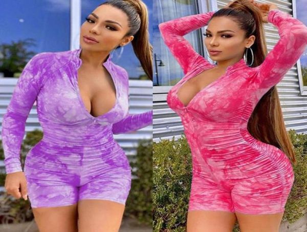 

women long sleeve rompers fashion tie dye jumpsuits deep v playsuit high waist zipper bodycon female jumpsuit sportswear 05078045587, Black;white