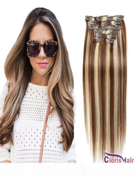 

highlight brown blonde straight clip on weave panio color 4 613 human hair clip in extensions full head 70g 100g natural extention6753136, Black;brown