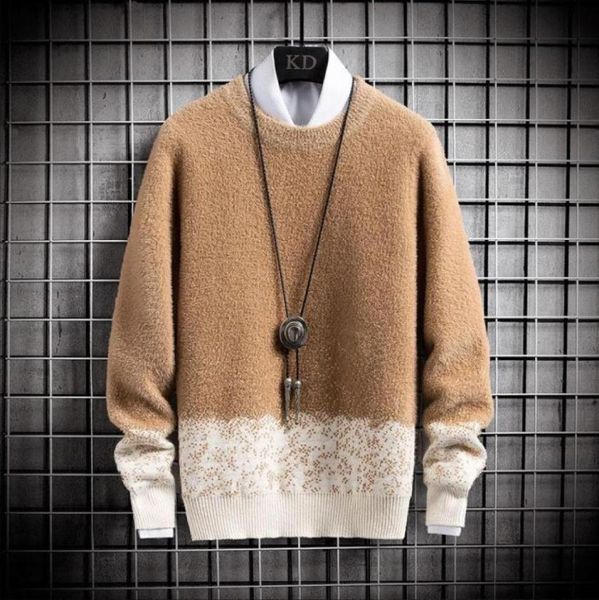 

2021 new men039s sweaters autumn and winter wear korean fashion warm fit knitted sweater men pullovers patchwork trendy fleece69776182348, White;black