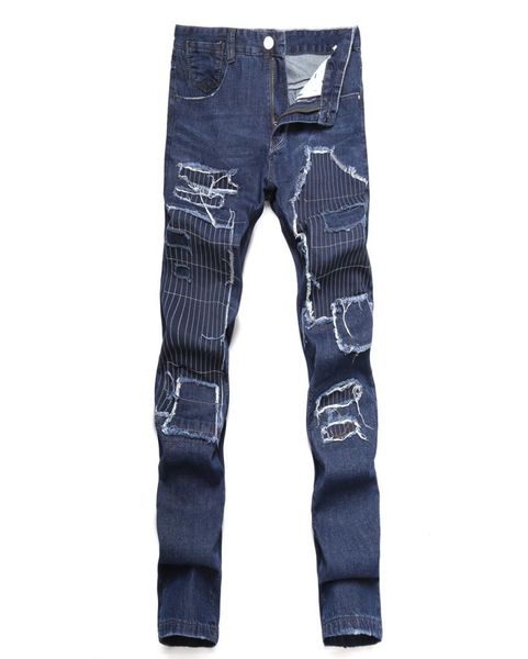 

men039s patchwork spliced ripped denim jeans male fashion slim colored patch zipper fly straight pants 2708158, Blue