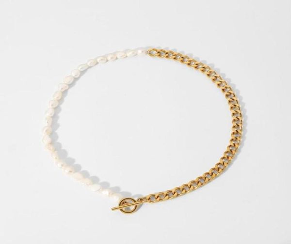 

chains casual cuban chain freshwater pearl necklace ot buckle stainless steel half connected147320096610109452125, Silver