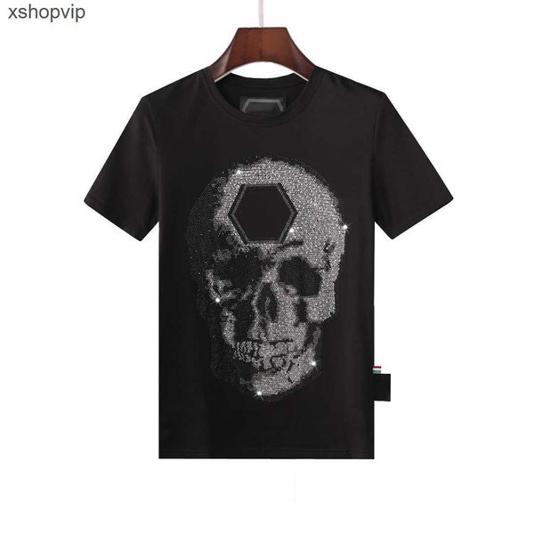 

pleinxplein men's t-shirts skulls metal letters embroidered leather plein plan european fashion trend round neck pp shirts white and bl, White;black