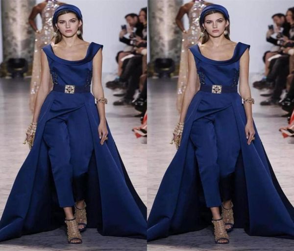 

2018 spring ellie saab jumpsuit prom dresses with detachable skirts satin sweep train dress evening wear party gown plus size974694681973, Black