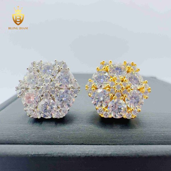

blingdiam moissanite jewelry hip hop flower earrings 925 sterling silver stud earrings with gra, Golden