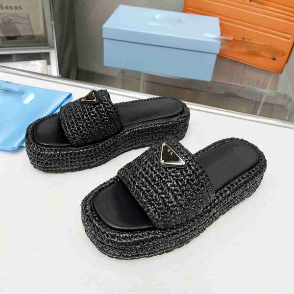 

summer womens trough sandals quilted prad platform slippers flats flats sandals ankle strap leather ascasc, Black