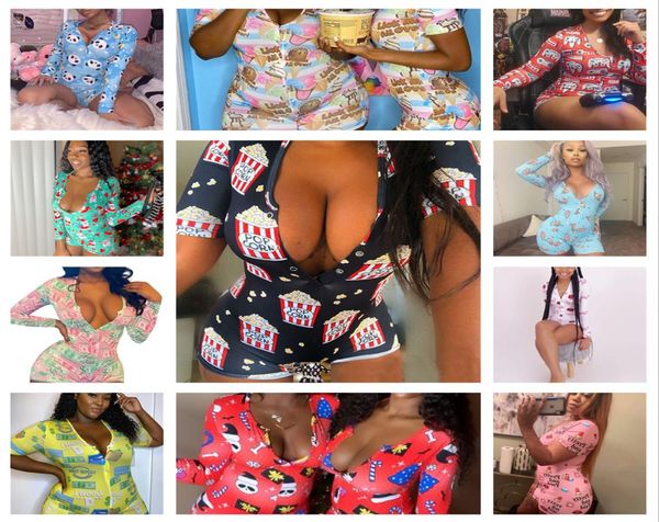 

womens summer fashiontight clothes print playsuit v neck long sleeve shorts skinny jumpsuits pajama onesies rompers nightclub7840179, Black;white