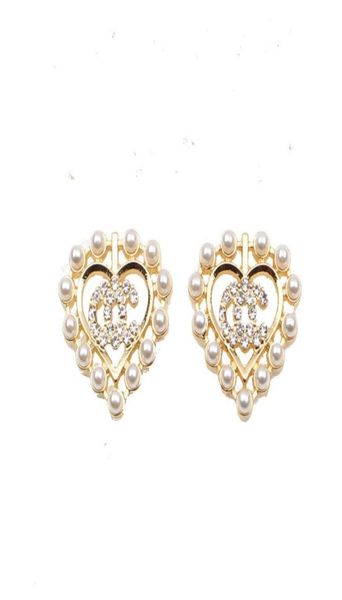 

women brand fashion designer double letter stud earrings crystal rhinestone geometric heart earring classic styles pearl jewelry w4005002, Golden;silver