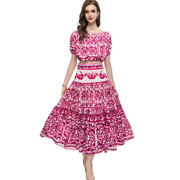 

women's runway designer two piece dress slash neckline short sleeves printed blouse with floral skirts fashion twinset sets, White